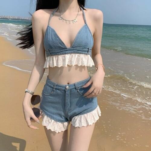 Sweet Lace Trim Denim Set Women Camisole Strap High Waist Shorts Fashion Suit 2021 Summer 2 Piece Set Outfits