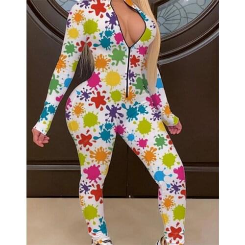 Butterfly Print Sexy Long Sleeve Bodycon Jumpsuit Rompers Women 2020 Front Zipper Clubwear Outfits One Piece Rompers Active Wear