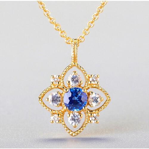 Blue crystal Sapphire gemstones small pendant necklace for women 14k gold color choker chain jewelry bijoux vintage carving gift