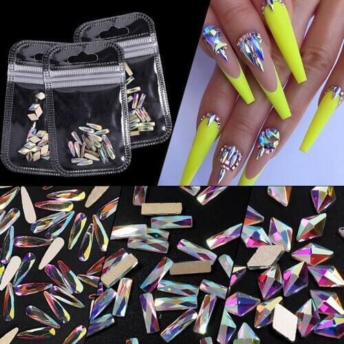 20Pcs Holo Flat Shaped Nail Art Crystal Clear Nail Rhinestones Elongated Teardrop Rectangle Colorful Stones 3D Nails Decoration