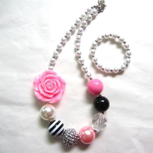 2020 Fashion Kids Girls Chunky Bead Necklaces Pink Flower Child Pearl bubblegum necklace Bracelet Jewelry Sets Gift For Children