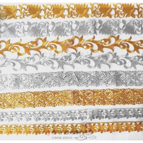6Yards Hot-fix Iron on Embroidery Gold Silver Wedding Dress Lace Applique Gold Lace Trim Accessories LJ0142