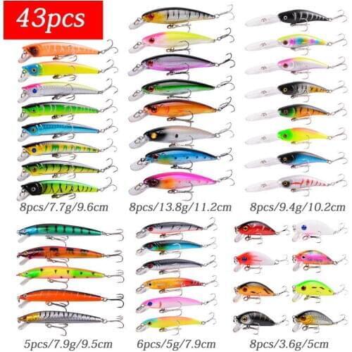 43pcs/lot Minnow Fishing Lure Plastic Artificial Bait 3D Eyes Crankbait Wobbler Hard Bait Fishing Tackle Mixed Colors Baits