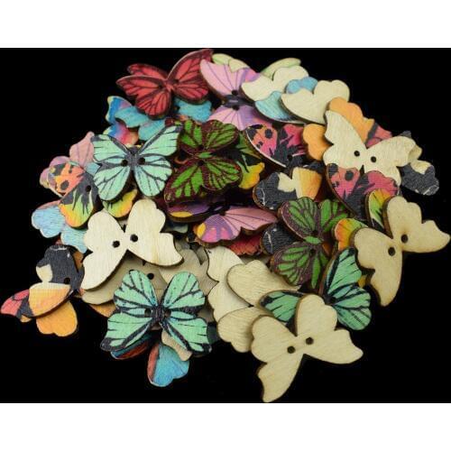 50PCS Wooden Buttons Painting DIY Random 2 Holes Mixed Wood Button for Clothing Sewing Crafting