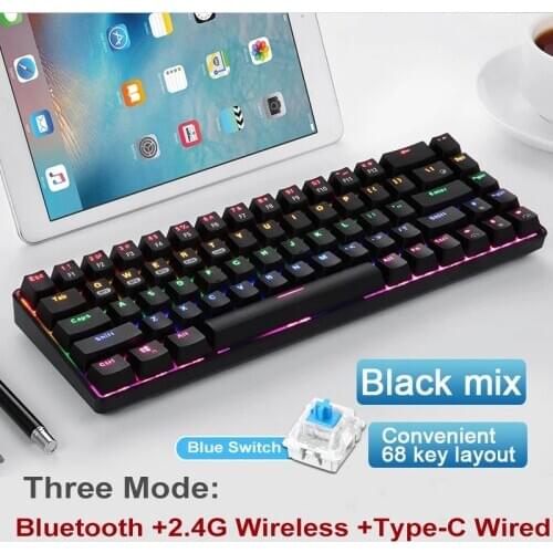 Technology 68 Keys Gaming Mechanical Keyboard Wireless Bluetooth 5.0 2.4GType-C Anti-Ghost Backlight Waterproof Blue Switch