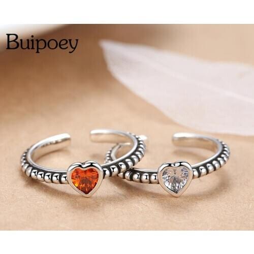 Buipoey Vintage Silver Color Heart Zircon Ring For Men Women Couples Wedding Ring Opening Adjustable Charm Copper Rings Jewelry