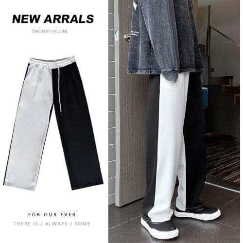 Black/white Casual Pants Mens Fashion Drawstring Straight Pants Men Streetwear Korean Loose Wide-leg Pants Mens Trousers M-5XL