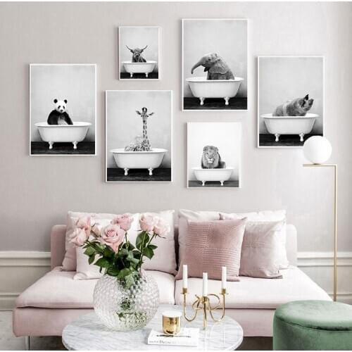 Baby Animal in Bathtub Poster Panda Giraffe Elephant Lion Pig Cow Canvas Painting Nursery Wall Art Nordic Picture Kid Room Decor