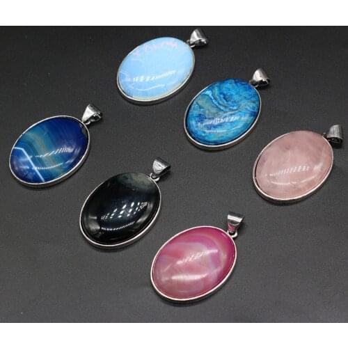 Elliptical Striped Agates Pendant Natural Stone Rose Pink Quartz Charms for DIY Necklace Making Jewelry Findings Gift 30x42mm