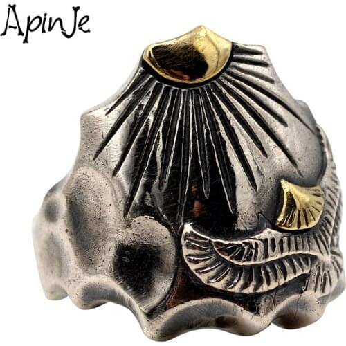 Apinje Punk Ring 925 Sterling Silver Vintage Thai Silver Ring for Men Fashion Eagle Sun Animal Mens Gothic Jewelry