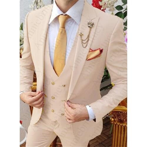 2021 Beige Men Suits For Wedding 3 Pieces Set Slim Fit Terno Masculino Groom Tuxedo Blazer Costume Homme (Jacket+Pant+Vest)