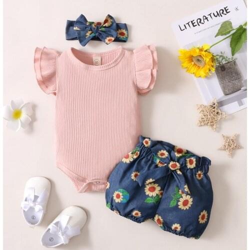 Summer Baby Girl Clothing Flare Sleeve Solid Romper Tops Floral Shorts Headband Infant Girls Outfits Clothes