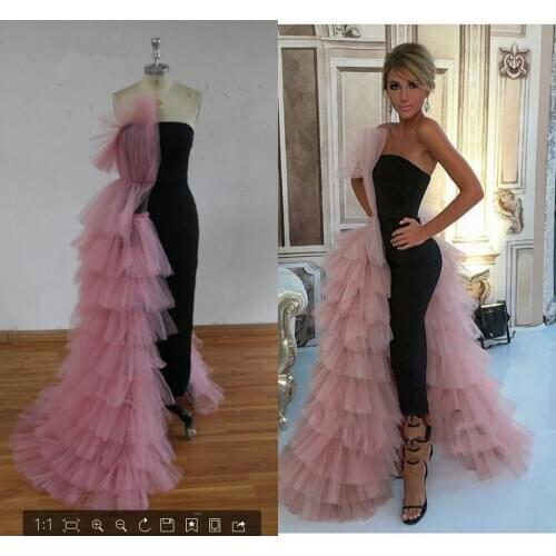 Trendy 2021 Black Straight Prom Dress 2020 Couture Pink Tulle Tiered Long Evening Gowns Ruffles Arabic Formal Women Party Dress