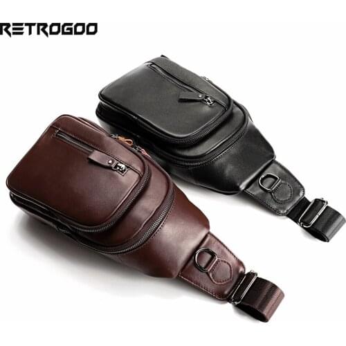 RETROGOO Mens Genuine Leather Chest Bag Casual Shoulder Messenger Bag Men Sling Bags Travel Day Pack Fashion Crossbody Bag Pack
