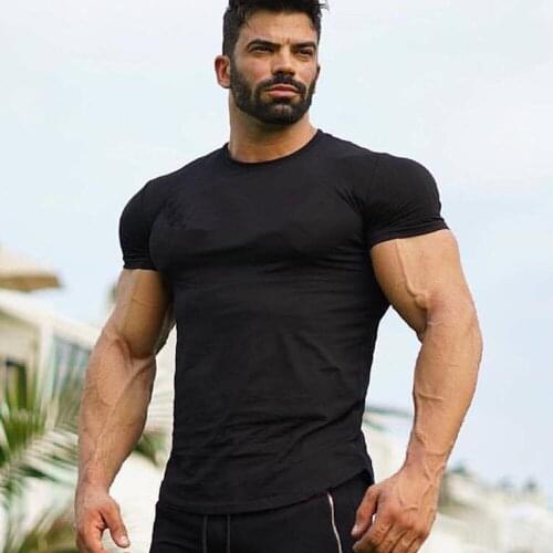 Solid Casual Cotton t shirt Men Gym Fitness Workout Skinny Short sleeve T-shirt Male Black Sport Tee shirt Tops Summer Clothing