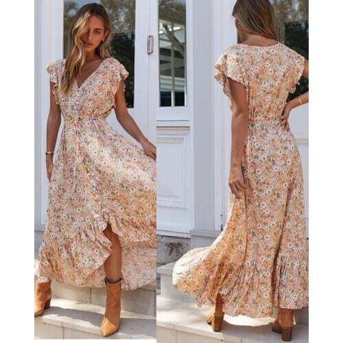 S ~ XL 2020 Autumn Girls V-neck Floral Printed Dress Single-Breasted Irregular Waist Hugging Lace-up Dress