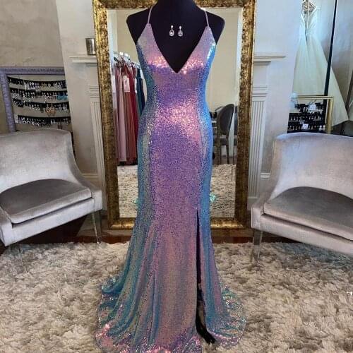 Sequins Prom Dress 2021 Ombre Sheath Sexy Formal Evening Gowns Spaghetti Neck High Split Side Deep V Neck Gold Blue Silver
