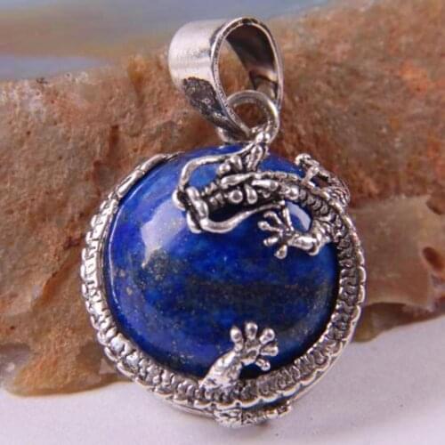 Dragon Pendant Natural Stone 16MM Round Bead Blue Lapis Fit Necklace For Men Women Jewelry Gift Earrings Gem K1900