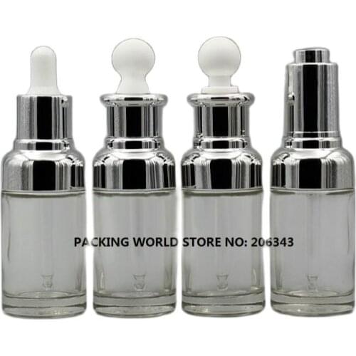 50ml transparent glass dropper bottle silver shoulder/collar white blulb for serum/essence/essential oil/liquid dropper bottle