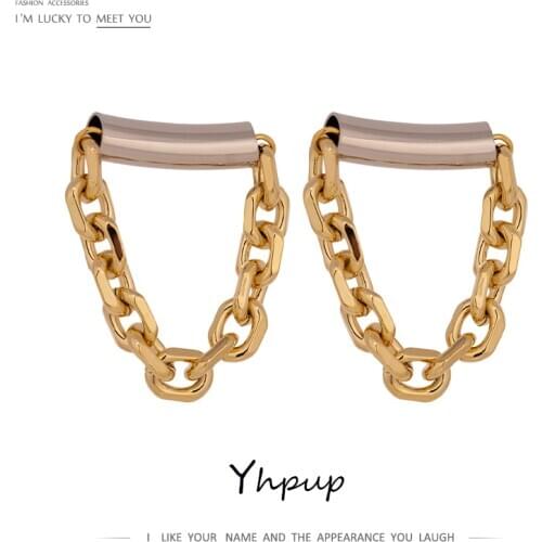 Yhpup Fashion Chain Metal Geometric Stud Earrings 14 K Plated Statement Copper Gold Earrings for Women Aretes De Mujer Modernos