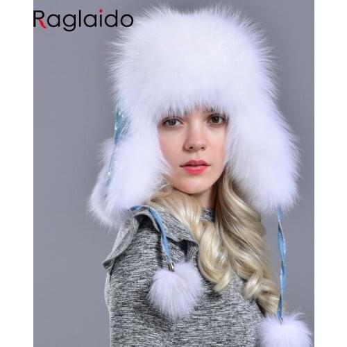 Winter Women Bomber Hats Ushanka Natural Fox Fur Warm Thick Denim Trapper Hats Earflaps Winter Stylish Girls Cap