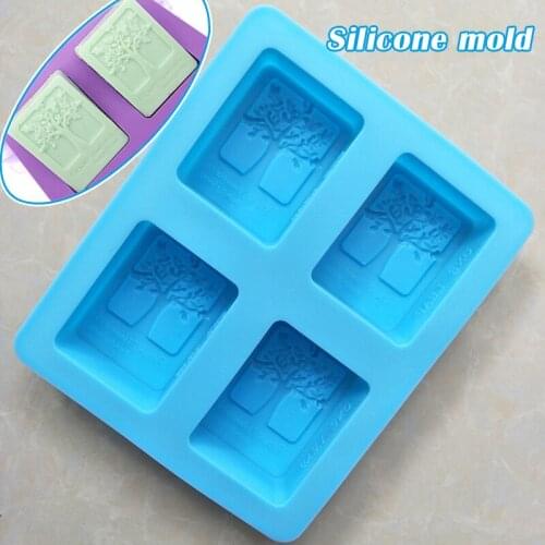 4 Cells Silicone Casting Die with Tree Pattern Soft Rectangular Nonstick Soap Cake Candle Stencils Tray for DIY Baking M56