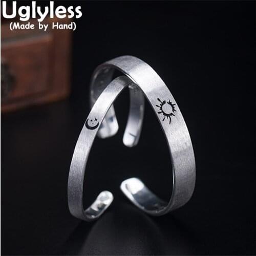 Uglyless 1Piece Lovers Bangles Sun for Day Moon for Night You Forever 925 Silver Flat Bangles Rings Couples LOVE Jewelry Sets