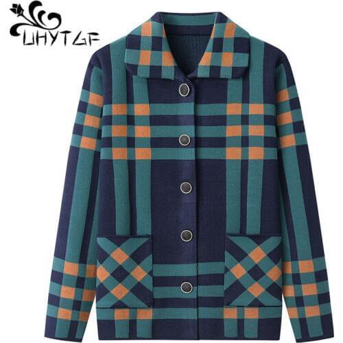 UHYTGF Autumn winter sweater women fashion plaid knitted sweater cardigan Female coat elegant mom plus size coat woman cloth 738