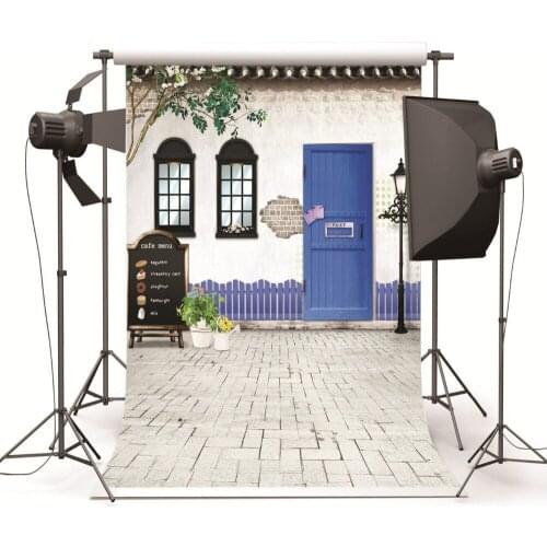 Blue Door Brick Floor Cafe Shop Customized Vinyl Cloth Photography Backdrop Computer Printing Backgrounds for Photo Studio