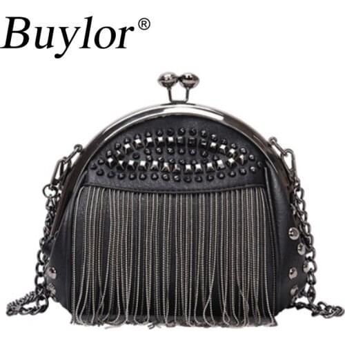 Buylor Black Chains Shoulder Bags for Women New Fashion 2021 Luxury Designer Small Rivet Tassel Cross Body Bag