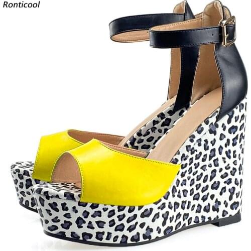 Ronticool New Women Summer Sandals Buckle Strap Leopard Pattern Wedges Heel Open Toe 11 Colors Party Shoes US Plus Size 5-20