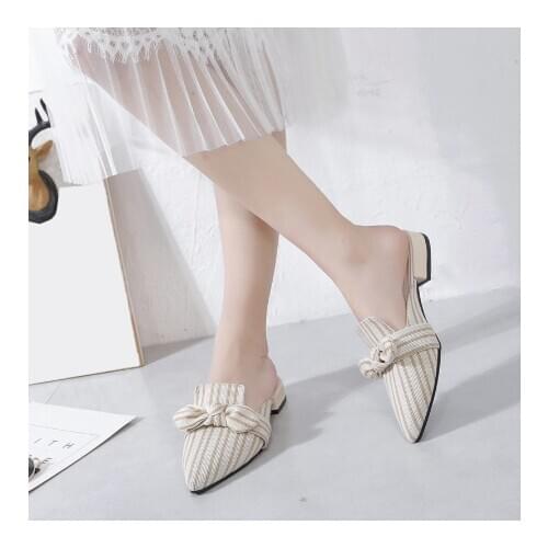Womens Mules Slippers Ladies Elegant Bowtie Woman Stripes Chunky Heels Women Outdoor Female Shoes Fashion New Summer 2020