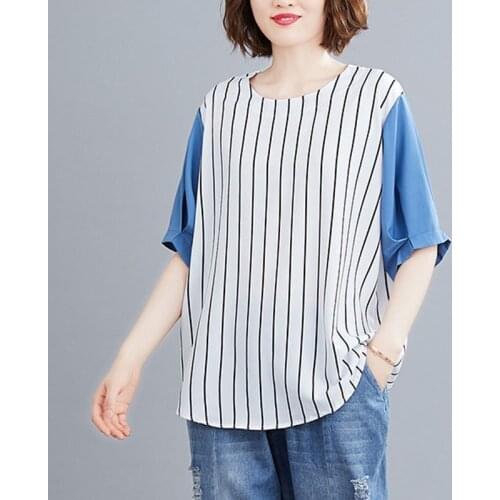Oversized Women Loose Casual T-shirts New Arrival 2021 Summer Simple Style O-neck Patchwork Striped Female Tops Tees S3708