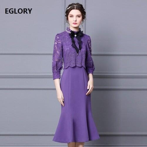 High Quality Clothing Sets 2021 Spring Summer Dress Set Women Crochet Lace Tops Coat+Sleeveless Midi Purple Black Dress Suit 2pc