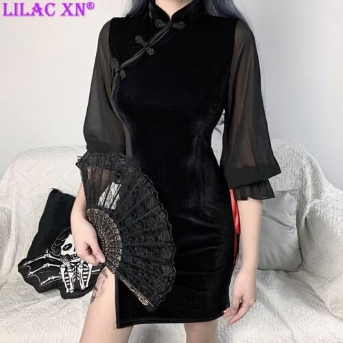 Sexy Velvet Bodycon Cheongsam Mini Dresses for Women 2021 Goth Elegant Black Puff Sleeve Party Evening Dresses Summer Clothes