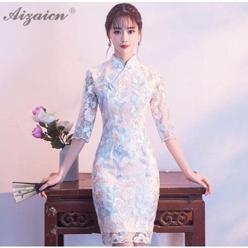 Fashion New Lace Short Cheongsam China Femme Slim Elegant Dresses Oriental Style Vintage Gown Qi Pao Women Chinese Dress Qipao