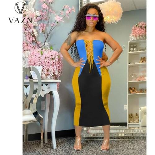 VAZN 2021 Top Quality Patchwork Cross Bandage Top Long Dresses Strapless Sleeveless Young Women Elegant Sexy Thin Maxi Dress