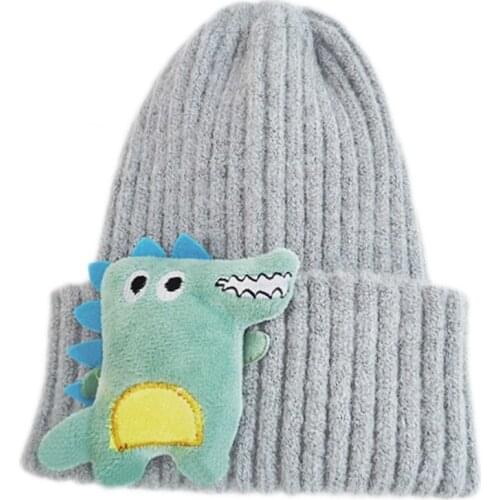 Winter Cartoon Dinosaur Toddler Kids Baby Beanie Hat Stuffed Toy Ribbed Knitted Solid Color Elastic Cuffed Skull Cap Ear Warmer