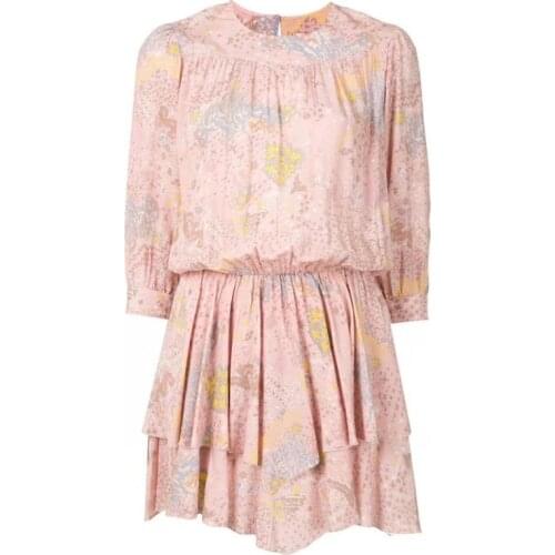 2020 New Pink Bottom Yellow Flower Nine-point Sleeve Short Dress