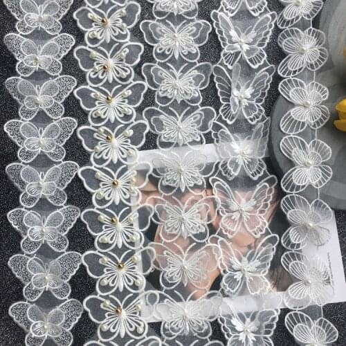 50Pcs/Lot Organza Polyester Embroidery 3D Beaded Double Butterfly Patch Lace Trim DIY Wedding Dress Clothes Applique Accessories