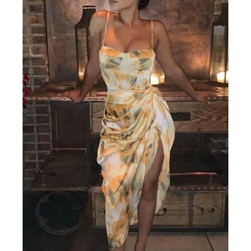 Midi Satin Dress Slip Dress Tie Dye Split Dresses Ruched Patchwork Sexy Dress Sleeveless Sling Backless Party Dress