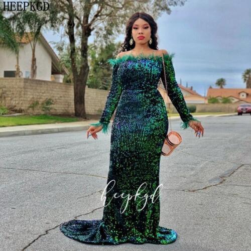 Sparkly African Evening Formal Dress Long Sleeves Mermaid Feather Sequin Special Occasion Prom Gowns Black Girl Graduation Dress