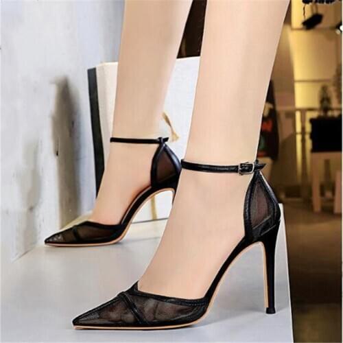 Brand Sexy Mesh High Heels Sandals Shoes Woman yellow Nude Wedding Shoes 10cm High Heels Party Shoes Summer Heels Sandals 34-43
