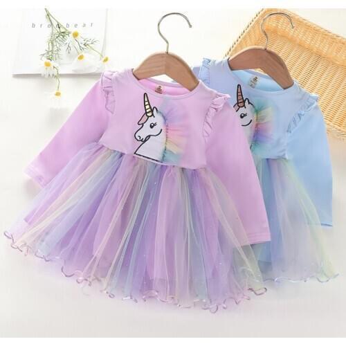 Autumn Kids Dresses for Girls Cartoon Unicorn Embroidery Mesh Split Joint Long Sleeve Princess Dress Vestidos Cute Costume