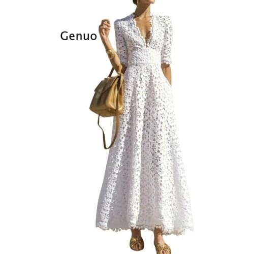 Elegant White Maxi Dress for Women V Neck Half Sleeve High Waist Hollow Out Slim Dresses Women 2020 Autumn New Style Fashion