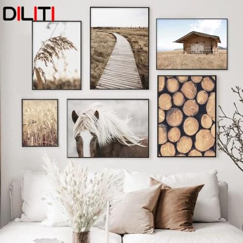 Farm Wheat House Bridge Landscape Wall Art Nordic Print Poster Pictures Nature Scenery Canvas Painting for Living Room