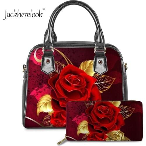 Jackherelook Women Gothic Fire Rose Design Handle Tops Outdoor Large Capacity Leather Handbag&Purse Set Female Cluth Storage Bag