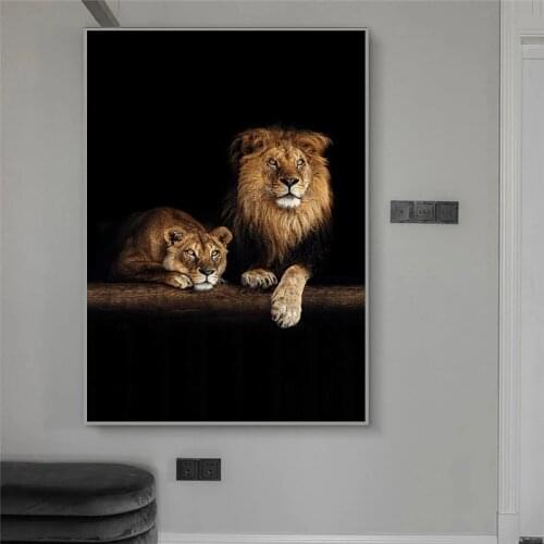 African Wild Lion Family Canvas Painting Animals In The Dark Poster and Prints Wall Art Pictures for Living Room Home Decoration
