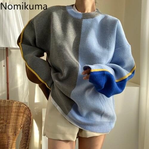 Nomikuma Korean Chic Autumn Sweater Women Contrast Color All-match Loose Casual Long Sleeve Pullover Knitted Fashion Chic Tops