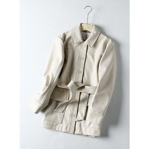 Mid-length High quality Faux Soft PU leather jacket Waist lace-up Autumn Plus size Korean Biker leather Outerwear Chaqueta Mujer